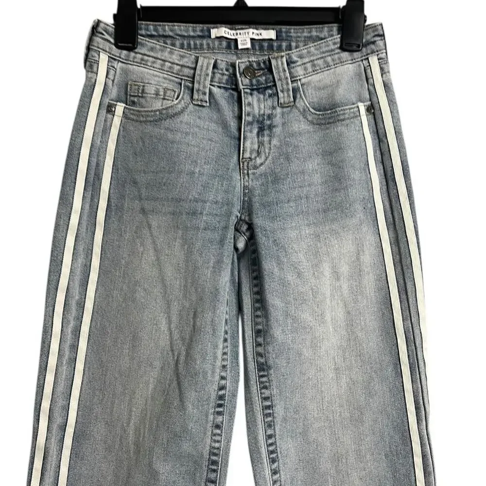 Celebrity Pink Wide Leg Jeans Juniors 1/25 Blue Medium Wash Side Stripe Stretch - Picture 5 of 7